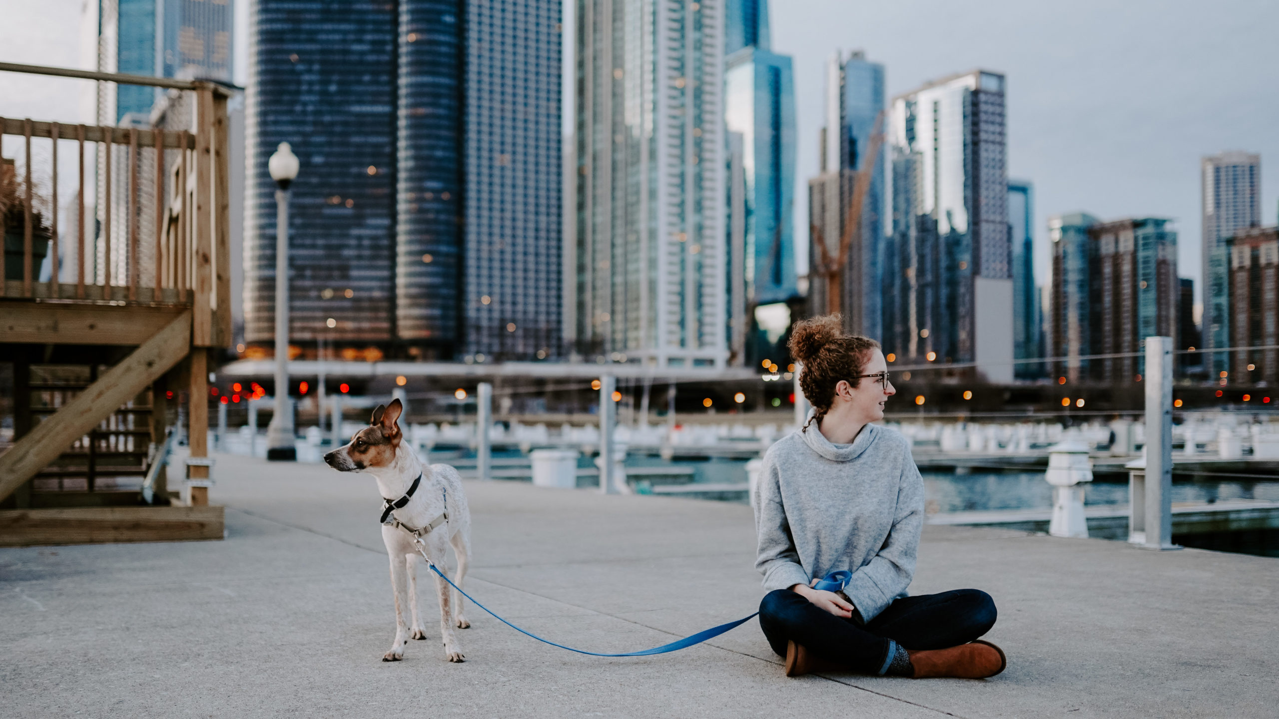 My partner and dog on the Lake Michigan pier in Chicago